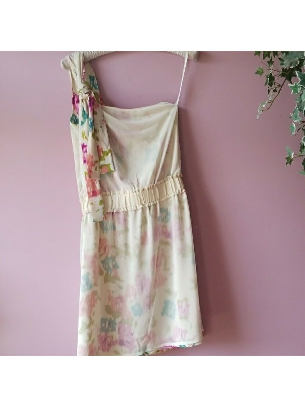 SILK Grecian Style Water Color One Shoulder Dress By Jaloux Yellow with pattern - Picture 6 of 8